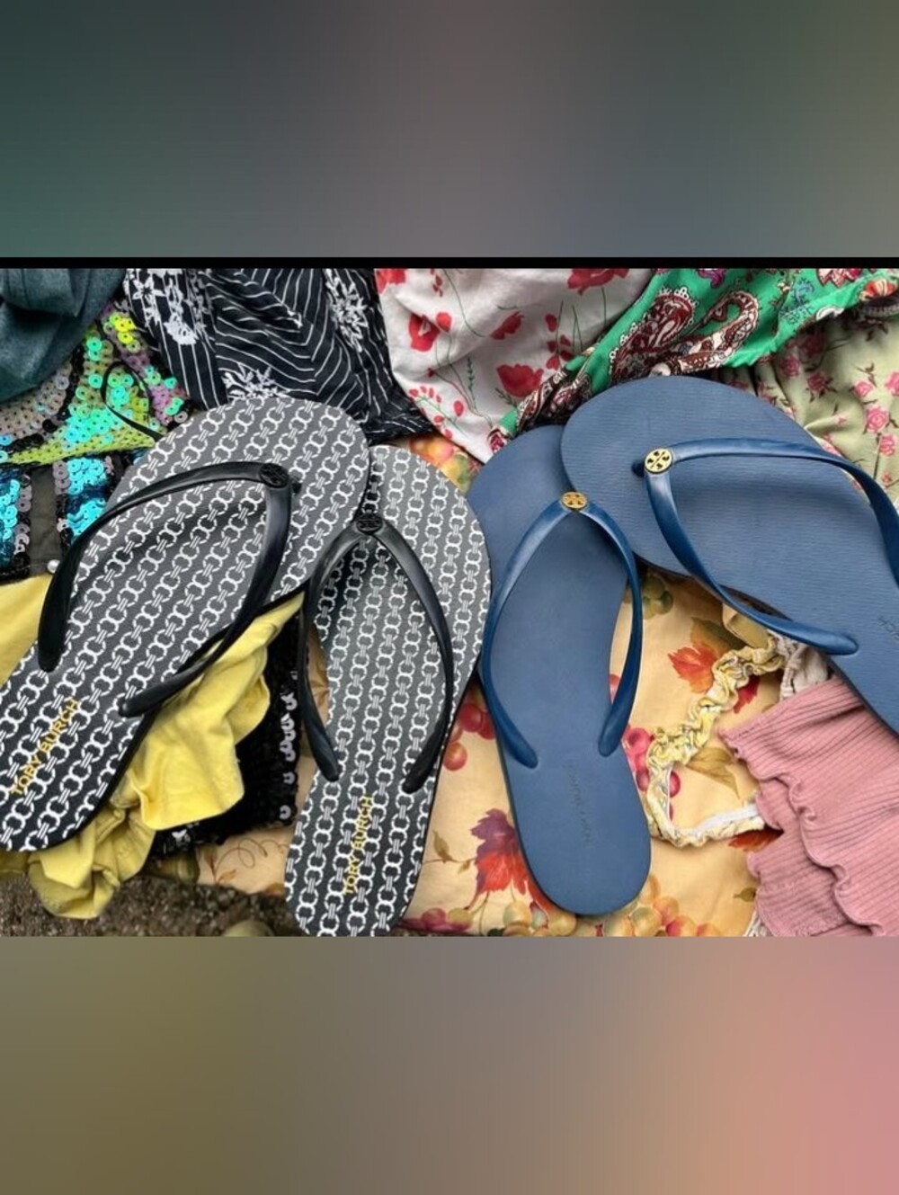 Tory Burch Blue and Black Flip Flop Sandals